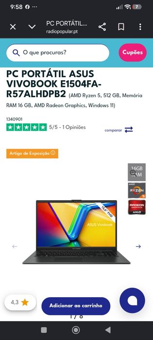 PC Portátil Asus Vivobook E1504FA-R57ALHDPB2