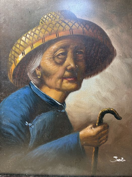 Conjunto de 2 pinturas Escola Chinesa vintage assinadas e emolduradas