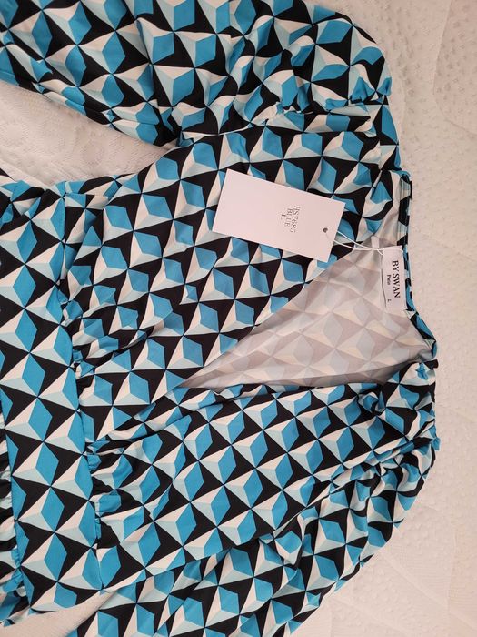Niebieska Sukienka Mini w Geometryczny Wzór z Długim Rękawem Ezrie Reene