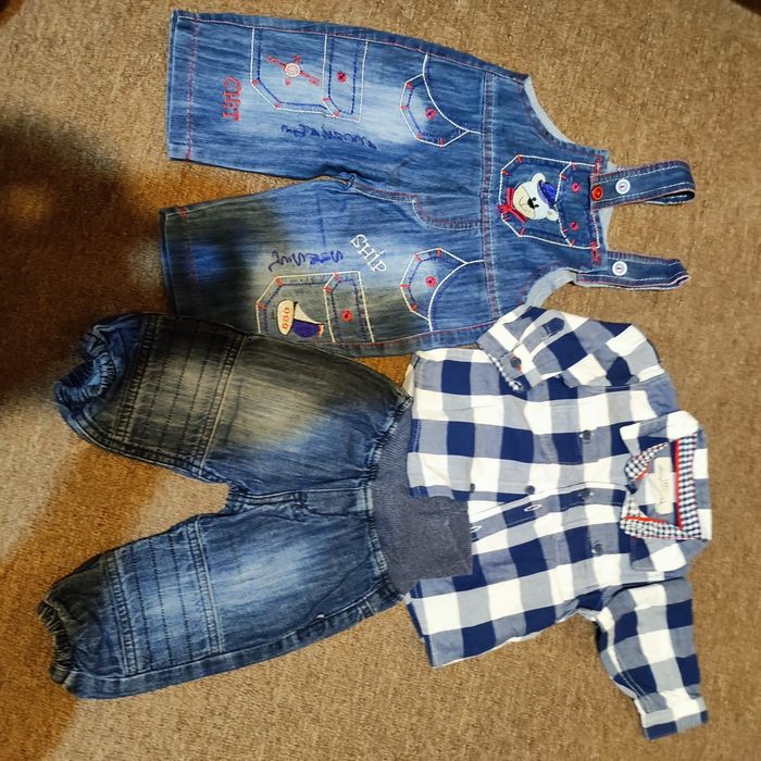 Komplet koszula H&M spodnie jeans + ogrodniczki rozm 68 stan b.dobry