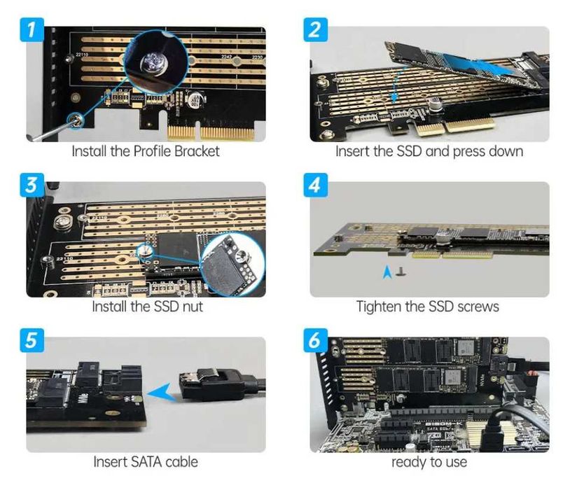 Переходник JEYI M.2 NVME to PCIe 4.0 X4 и NVMe/NGFF (M.2 SATA) 64Gbps