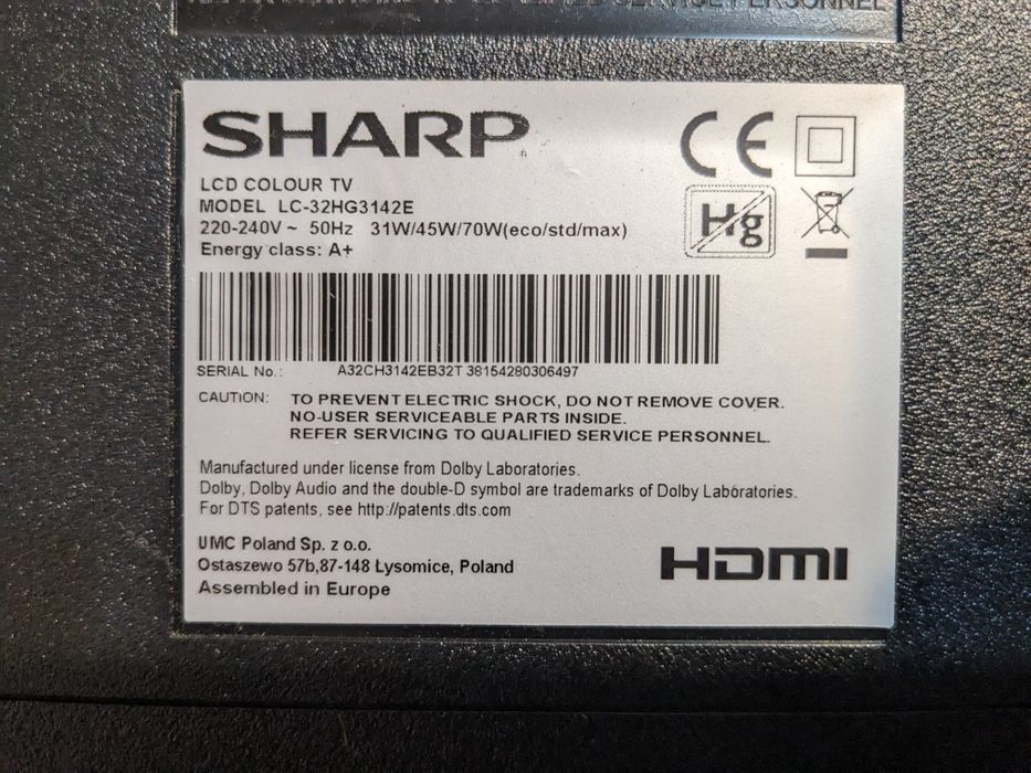 Telewizor Sharp 32 cale, DVB-T2 HEVC, Defekt + pilot