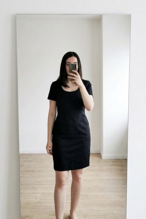 Sukienka midi XS 34 S 36 czarna krótki rękaw kieszenie bawełna basic