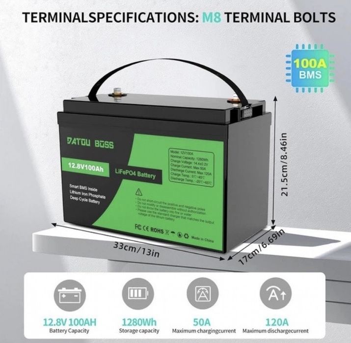 LiFePO4 12V 100Ah Акумулятор Datouboss, BMS, 1280Wh