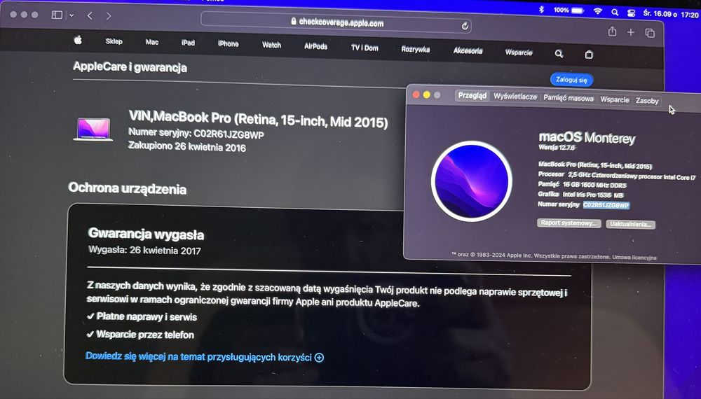 MacBook Pro A1398/2015/i7/2.5GHz/16GB/512GB/15.4/R9M370X/nowa bateria