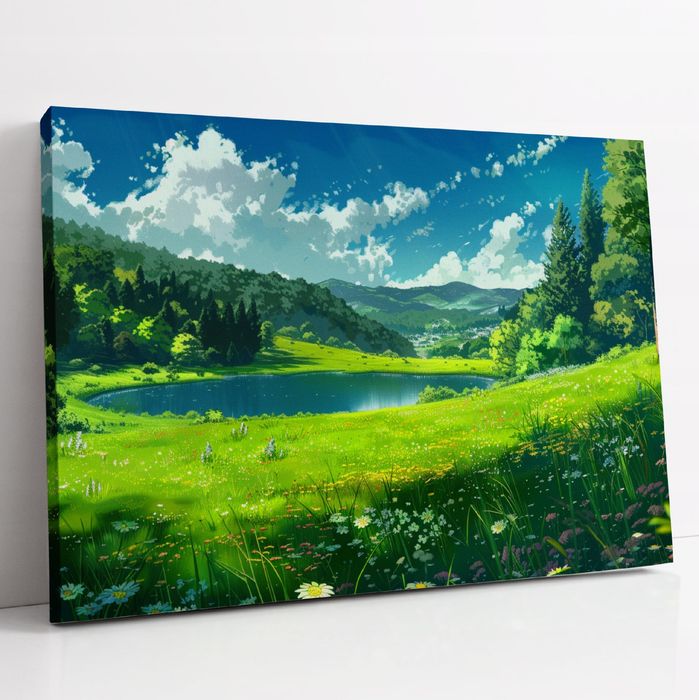 Obraz na płótnie "Łąka nad jeziorem" 80x60 cm – idealny do salonu