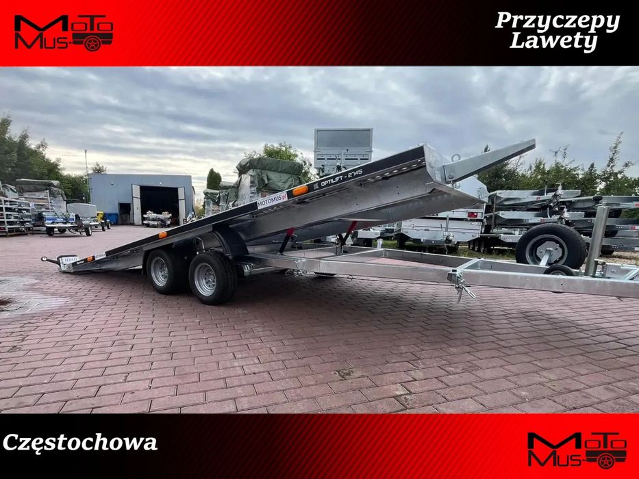 Laweta Balhanger Optilift 2745 Wypełnienie ALU4,5x2,1m płaska uchylana DMC 2700 kg 2 osie koła 195R10C spawana rama mocna  Nowa laweta Balhanger uchylna 4,5x2,1m 2 osie dostawa Częstochowa