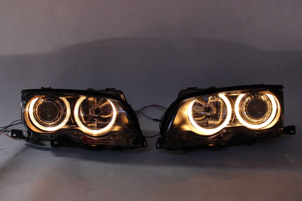 Reflektory lampy przednie przód BMW E46 COUPE 99-03 RINGI LED TUNING SMOKE IGŁA