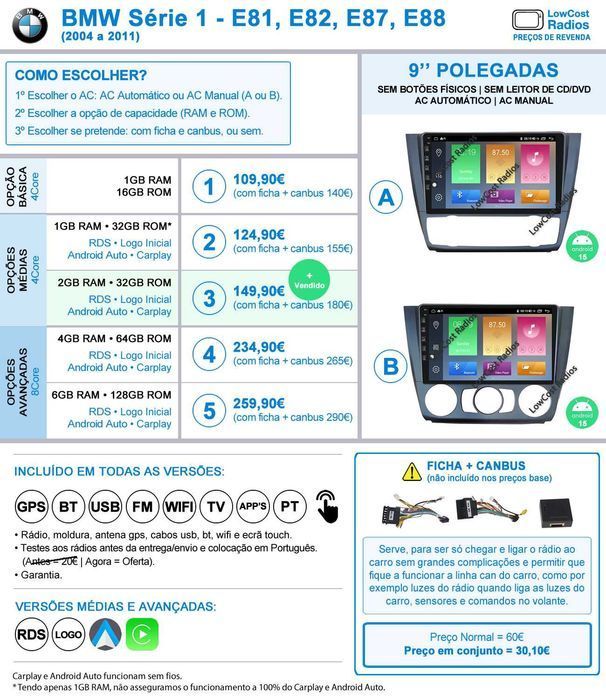 (NOVO) Rádio GPS BMW Série 1 ANDROID - E81/E82/E87/E88 (2004 a 2011)