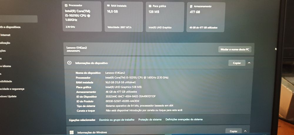 Portátil / Labtop Lenovo E14 Gen2 10ªG| 14,1"-IPS | i5-10210u | 16G-DDr4 | NVMe512G |M| W11