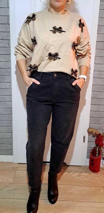 Nowy sweterek z kokardkami oversize bezowy delikatny m