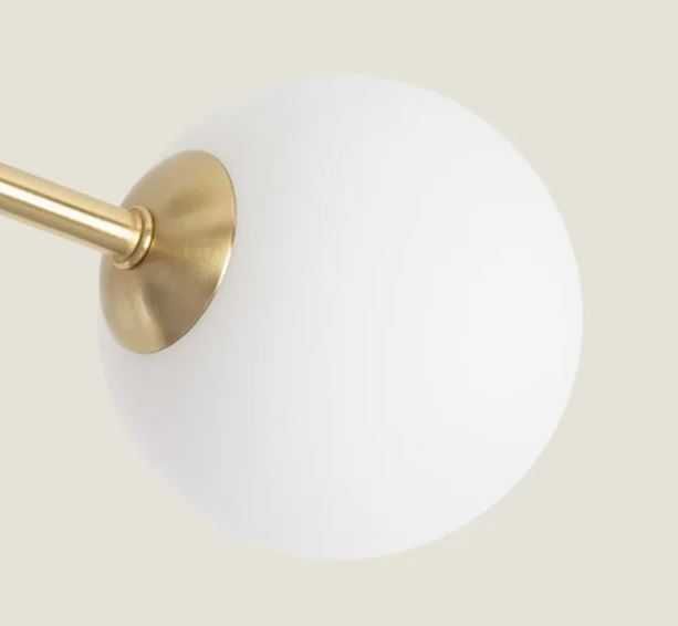 Candeeiro de teto, suspenso, em metal dourado com 5 globos, Novo e embalado