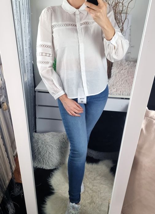 Koszula damska ażurowa z długim rękawem biała 100% bawełna S