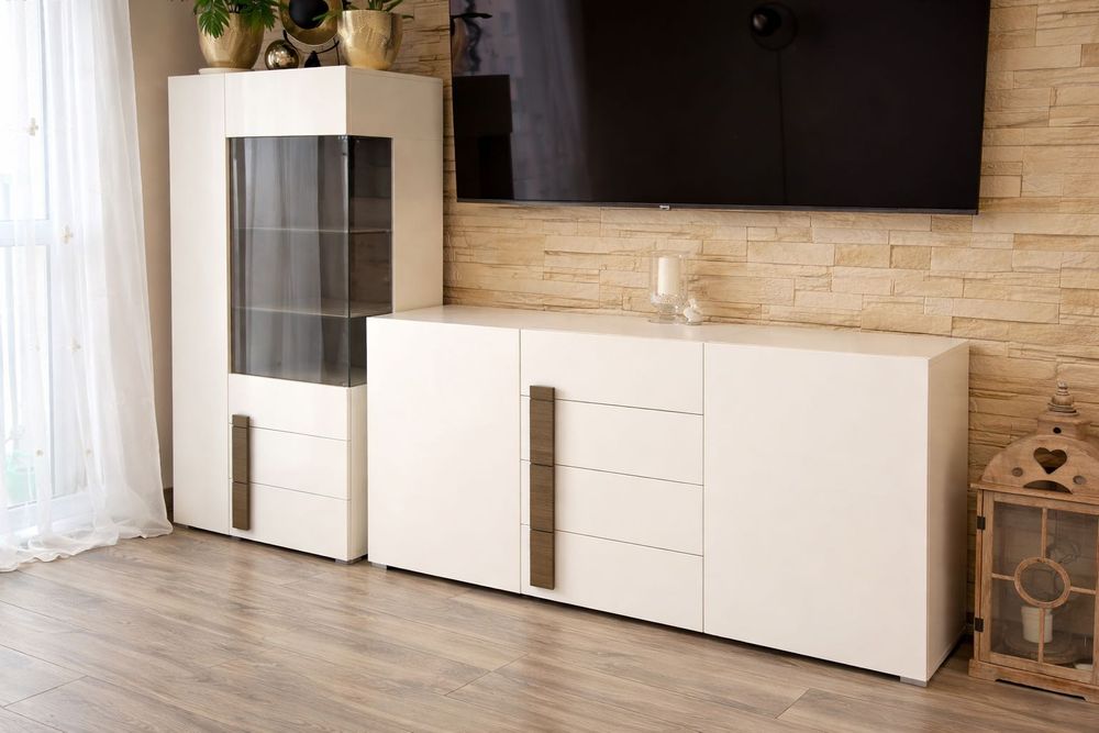 Nowoczesny komplet mebli biały / szkło – szafka RTV + komoda + witryna