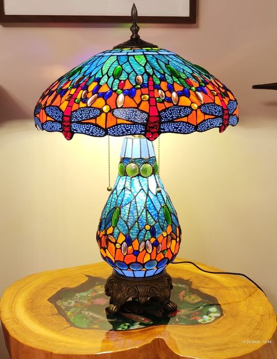 Duża Lampa witrażowa ważka zielona