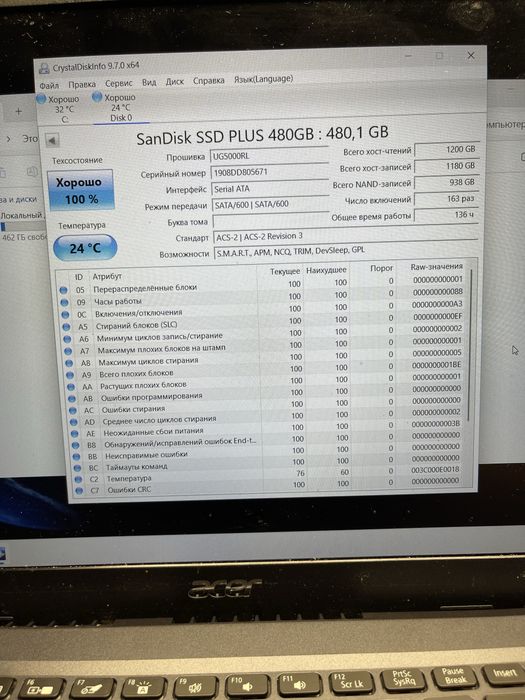 SSD накопитель SanDisk SSD Plus 480GB 2.5" SATA III (Идеальное состояние, 100%)