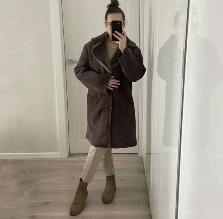 Zimowa kurtka kożuch futro skóra ocieplany klasyczny brązowy płaszcz