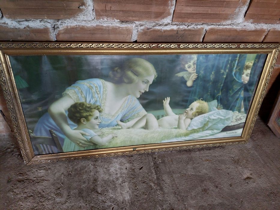 Lithograph of Mother, Son, and Cherubs by Laubnitz