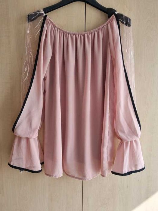 Bluzka koszula różowa pudrowy czarna elegancka oversize