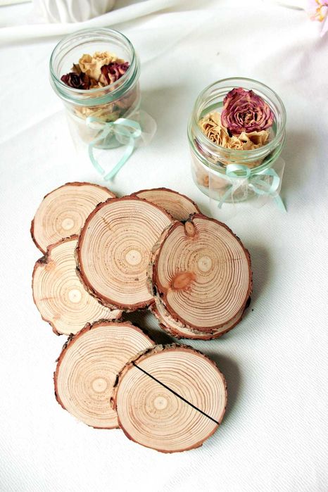 Plaster MODRZEW Rustykalne drewniane winietki krążki pieńki podstawki