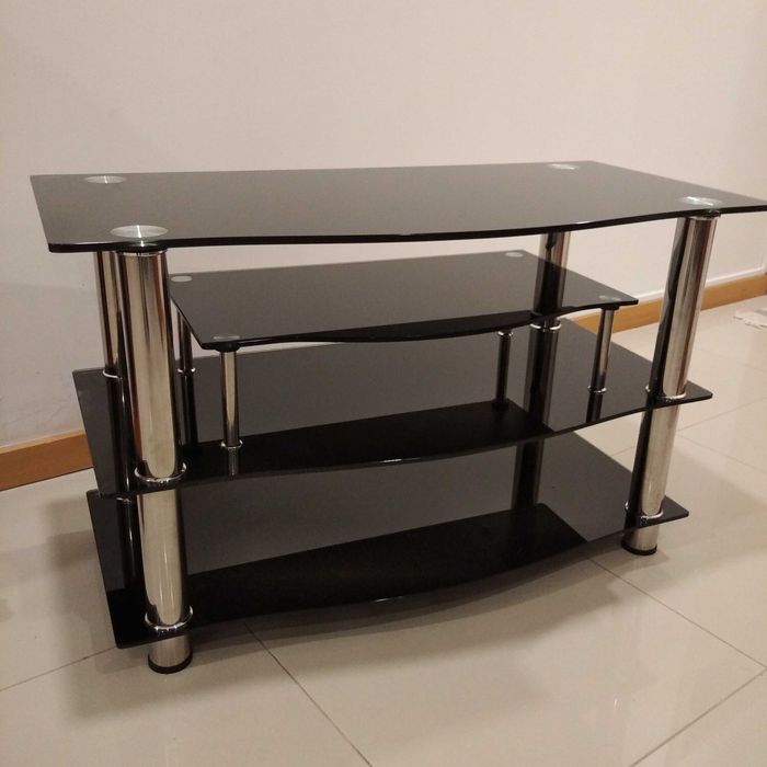 Mesa TV vidro temperado 4 prateleiras como nova preta