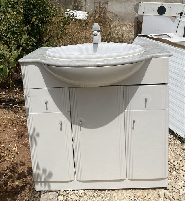 Móvel de Casa de Banho com Tampo em Mármore Natural e Lavatório – 80 cm