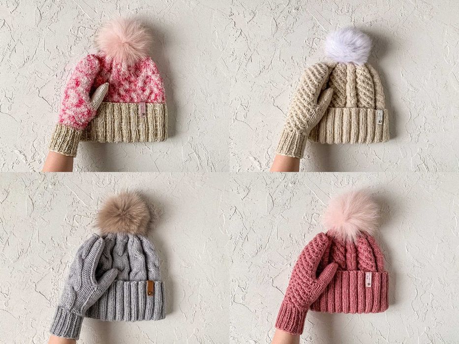 Теплі жіночі зимові шапки, вʼязана шапка з рукавицями, ручна робота