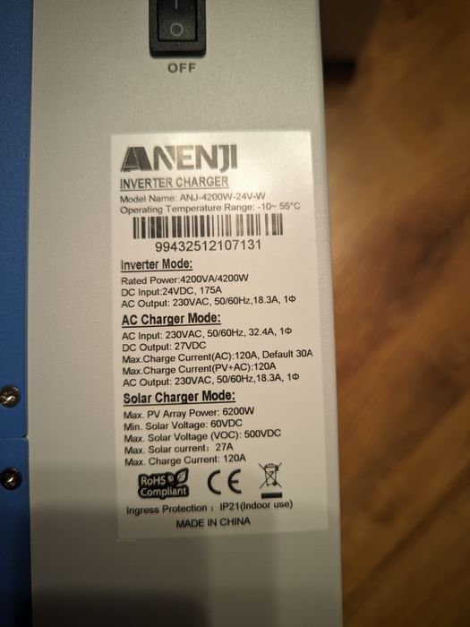 Нова версія. Гібридний інвертор Anenji 4,2кВт 24В з Wi-Fi.