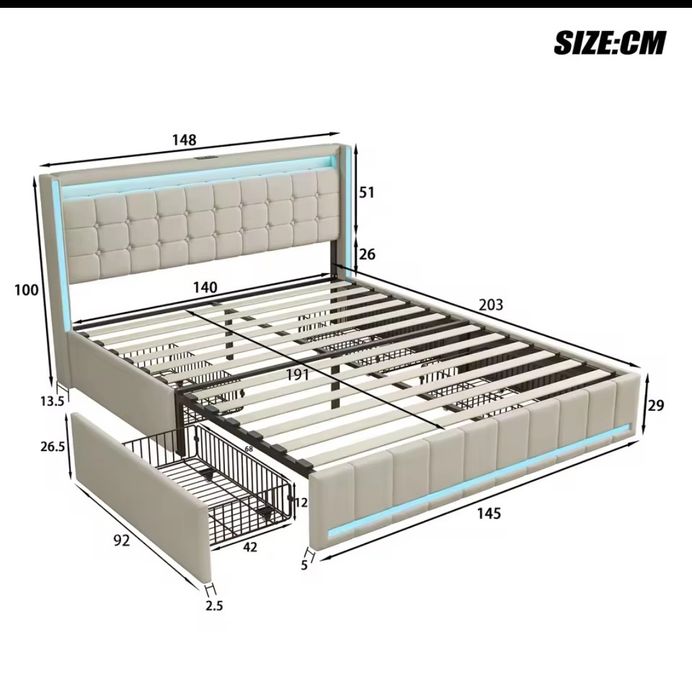 Cama com led e USB 140x190 (Nova) colchão não incluido