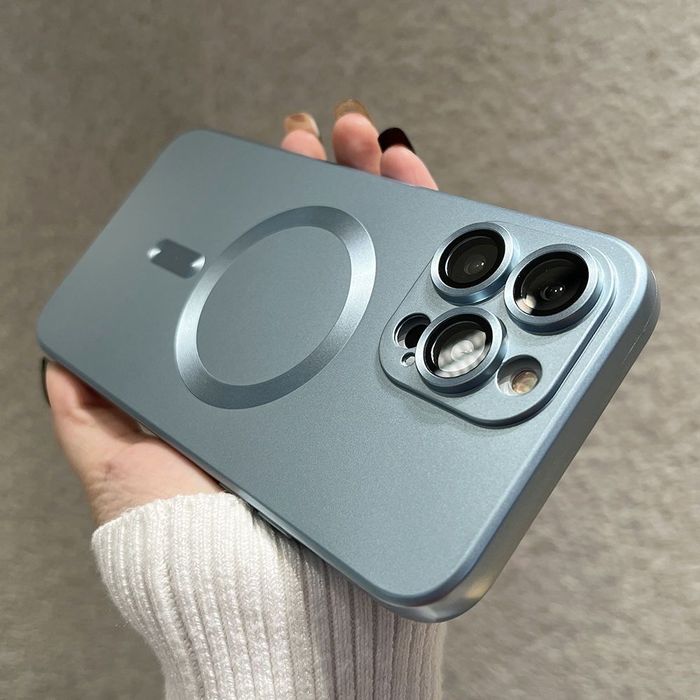 Блакитний силіконовий дзеркальний чохол MagSafe з лінзами на айфон