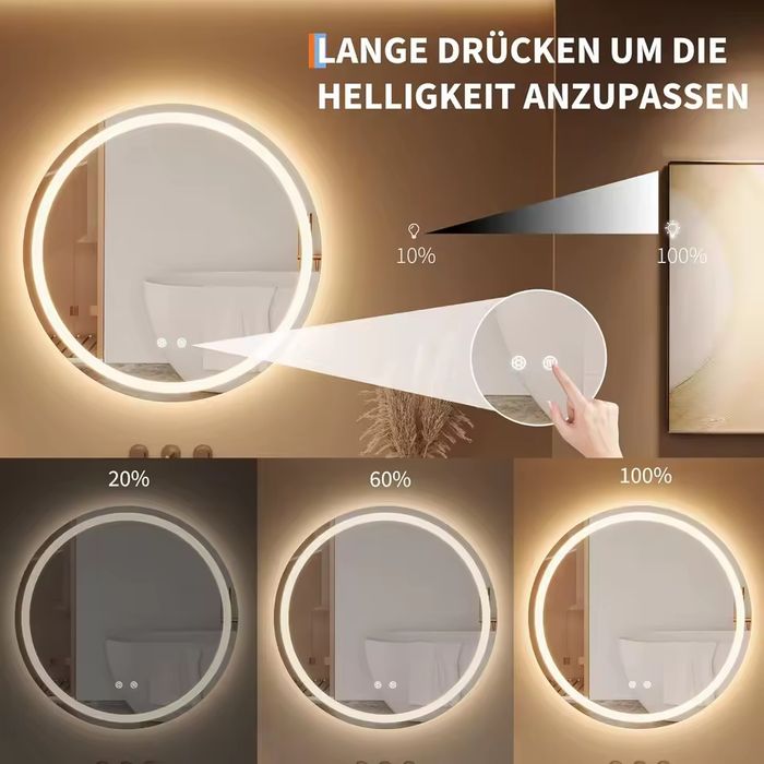 Lustro Łazienkowe Okrągłe 50cm  Podświetlenie LED Ściemnialne NOWE