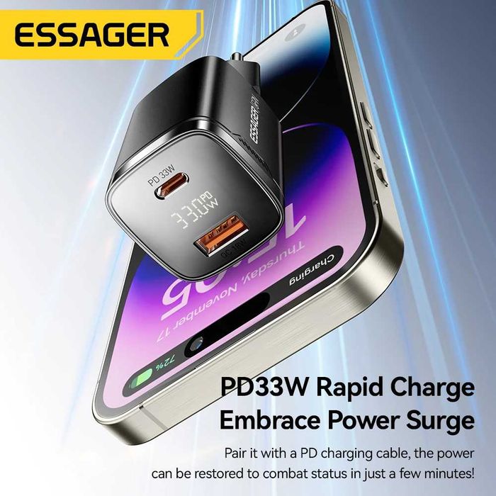 Зарядний пристрій Essager 33W GaN. Дисплей. Швидка зарядка USB Type-C