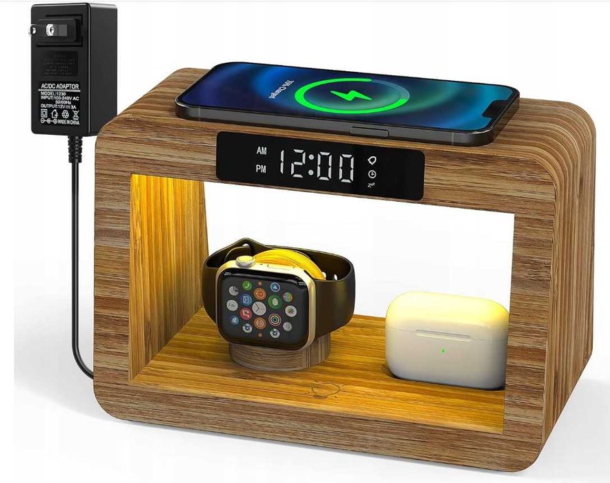 Stacja ładująca 5w1 bezprzewodowa / indukcyjna ładowarka iPhone zegar lampka iPhone, AirPods, Apple Watch. Lampka nocna z zegarem