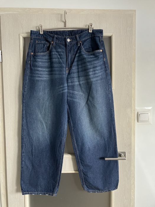spodnie baggy jeans h&m granatowe loose fit high waist szeroka nogawka