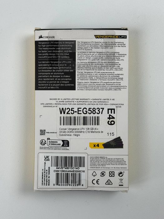 Pamięć RAM CORSAIR Vengeance LPX DDR4 DIMM 4×32GB 3200MHz CL16 XMP