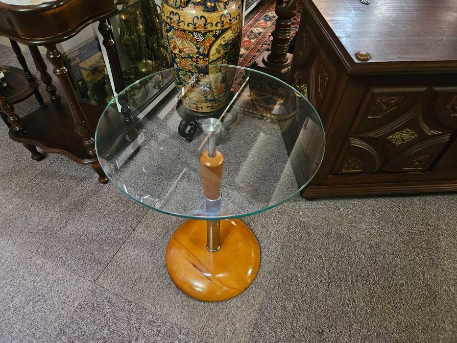 Mesa de centro redonda em madeira e vidro - óptimo estad