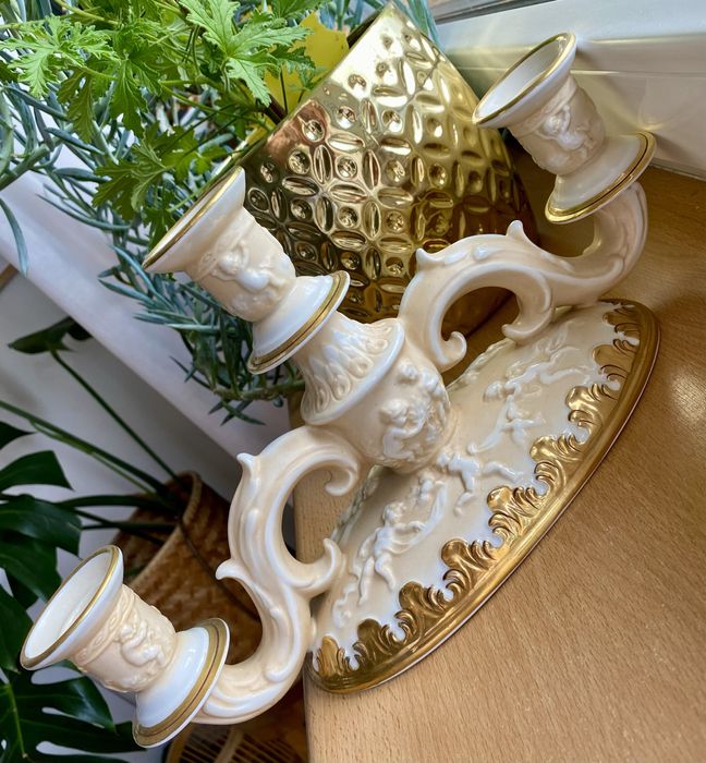 Świecznik trójramienny Capri ceramiczny biało złoty