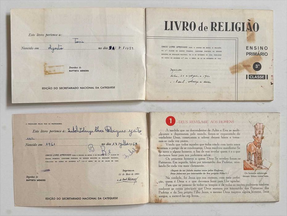 LIVRO DE RELIGIÃO, Ensino Primário 3ª e 4ª Classe.  Edição do Secretariado Nacional da Catequese, 1964 e 1965.