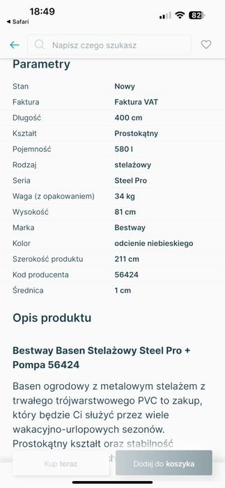 Basen stelażowy Bestway 4x2 metry
