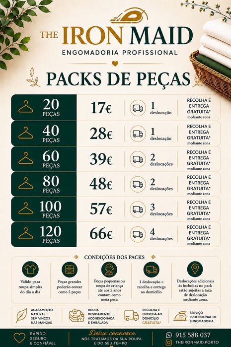 Passar a ferro/Engomar | Serviço ao Kg + Packs | Recolha e Entrega gratuita