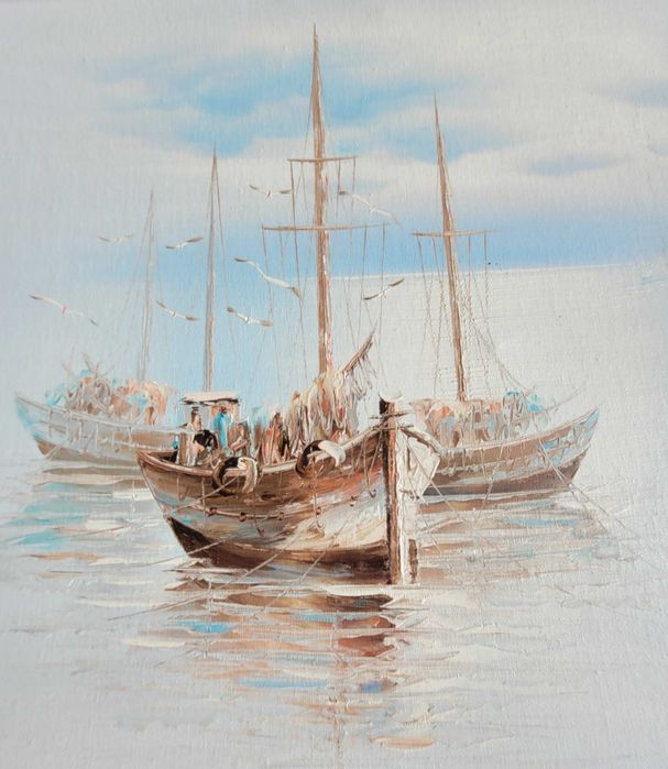 Pintura a óleo de três barcos de pesca