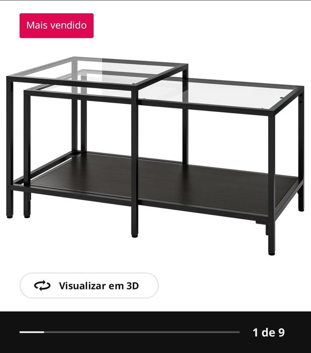 Mesa de encaixar, conjunto 2, cor preto em vidro 90×50cm