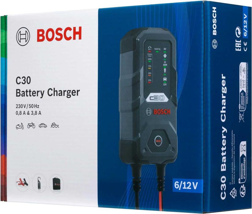 Bosch Carregador de bateria c30 para carro e moto 12v e 6v