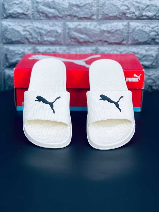 тапочки пума мужские подростковые / puma Popcat 2  шлепанцы не дорого / белые шлепки пума / комнатные резиновые тапки / пляжные шлепанцы