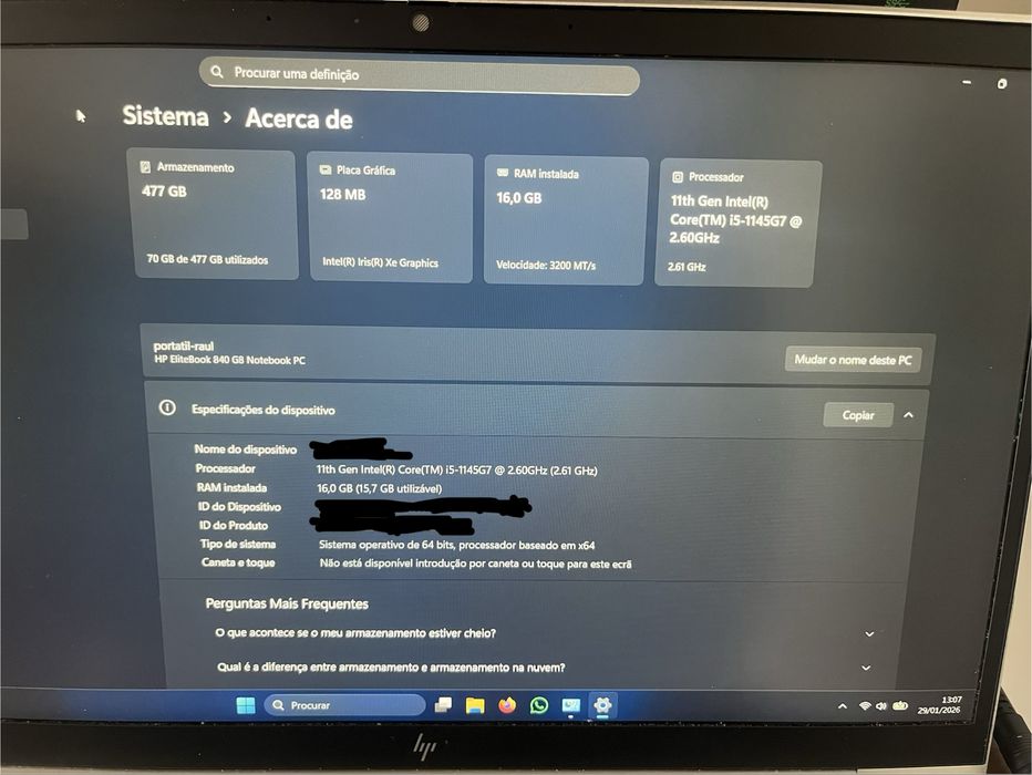 Portátil HP Elitebook 840 G8 - i5 11a geracao, 16 gb ram, 512gb ssd