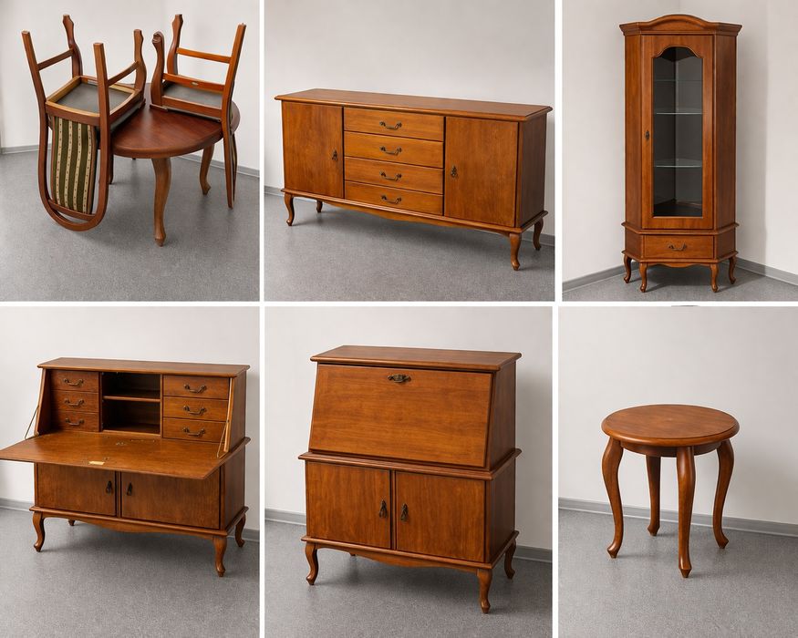 Komplet mebli styl Ludwik – stół rozkładany + krzesła + komoda + sekretarzyk + witryna narożna + stolik