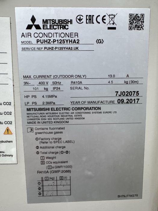 Zestaw Klimatyzacja pompa ciepla 12,5kw MitsubishiPUHZ 3 fazowa