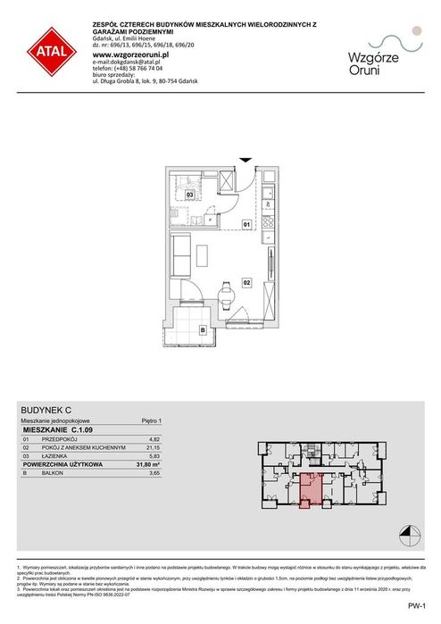 1-pokojowe mieszkanie 31m2 + balkon