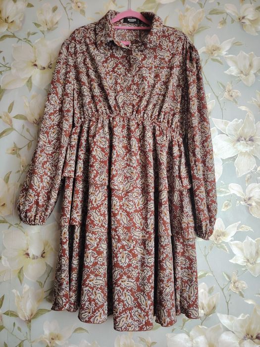 Платье с пышным рукавом низ  воланы XL завышенная талия резинка