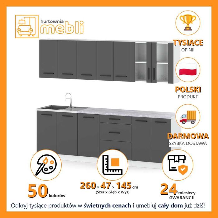 Zestaw Mebli Kuchennych Modułowy Remino 2.6m Kuchnia Szara Nowoczesna